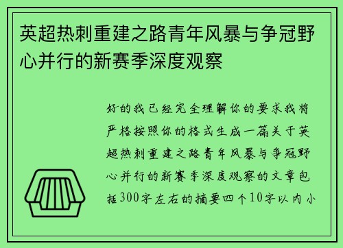 英超热刺重建之路青年风暴与争冠野心并行的新赛季深度观察